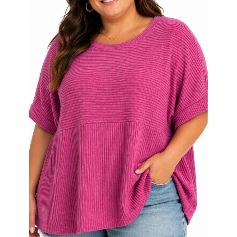 Evaless Women's 2X Pink Ribbed Knit Short Sleeve Tunic Top Plus Size